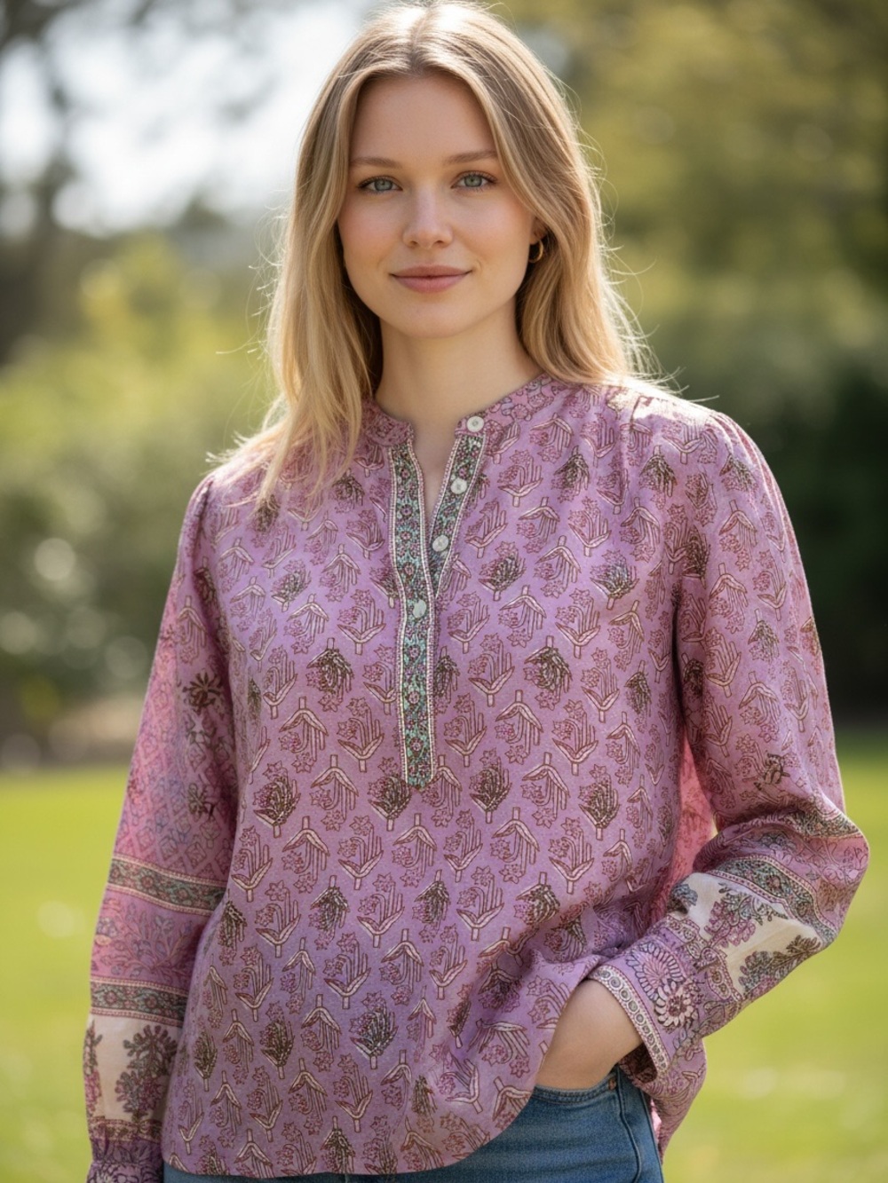 Xirena Lettie Block Print Top in Pink Posey